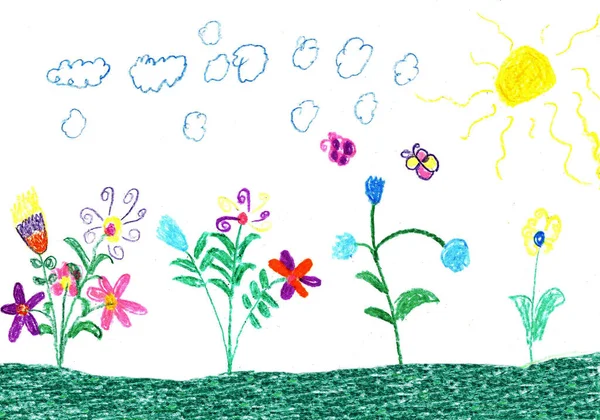 儿童画蝴蝶和花朵的性质 — 图库照片