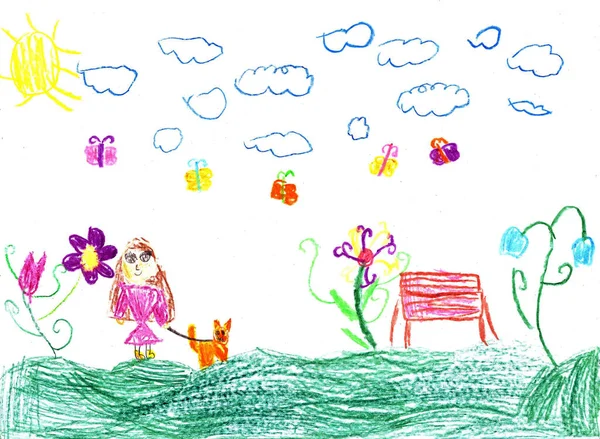 Κορίτσι Ζωγραφιά Του Παιδιού Ένα Σκύλο Βόλτα Στο Πάρκο — Φωτογραφία Αρχείου