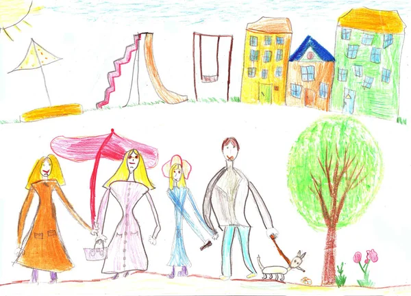 Σχέδιο Οικογένειας Του Παιδιού Σπίτι Δέντρο Swing Και Πάγκο — Φωτογραφία Αρχείου