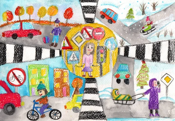 子供の図面の建物や車 散歩中の幸せな家族 都市の人々の生活 幼少期のペンシルアート — ストック写真