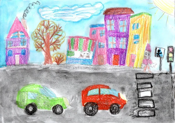Child drawing buildings and cars. Happy family on a walk. Lives of people in the city. Pencil art in childish style.