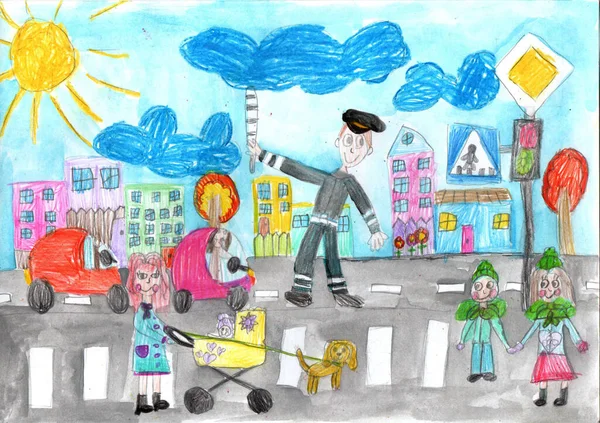 Kindertekening Gebouwen Auto Gelukkige Familie Een Wandeling Leeft Van Mensen — Stockfoto