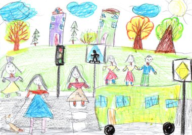 Çocuk binalar ve arabalar çiziyor. Yürüyüşe çıkmış mutlu bir aile. Şehirdeki insanların hayatları. Çocukça bir kalem sanatı.