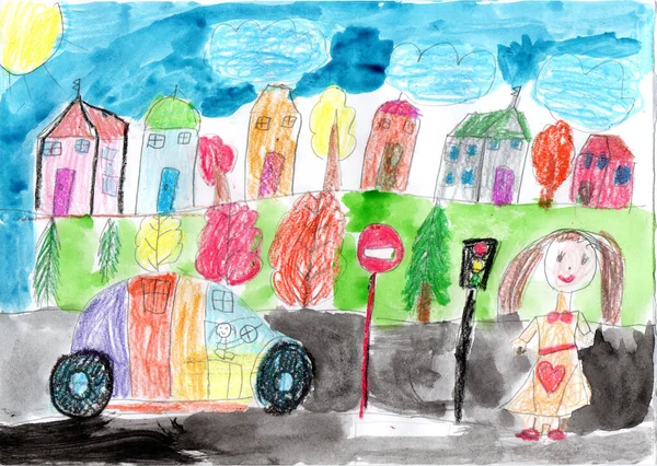 儿童绘图大楼和汽车 快乐的家庭在散步 城市里的人的生活 幼稚风格的铅笔艺术 — 图库照片