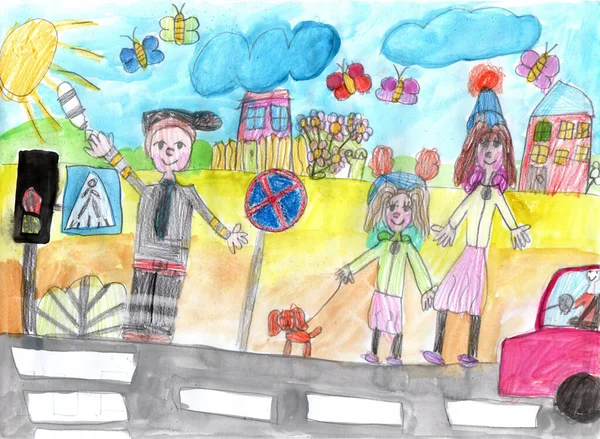 Kindertekening Gebouwen Auto Gelukkige Familie Een Wandeling Leeft Van Mensen — Stockfoto