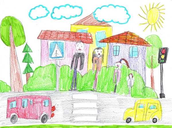 Child drawing buildings and cars. Happy family on a walk. Lives of people in the city. Pencil art in childish style. Child drawing buildings and cars. Happy family on a walk. Lives of people in the city. Pencil art in childish style.