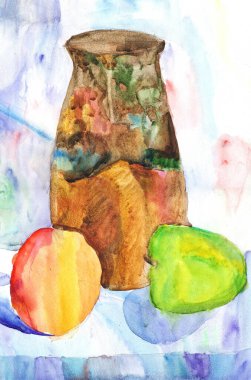 Sürahi, elma ve armut ile natürmort. Suluboya resim 