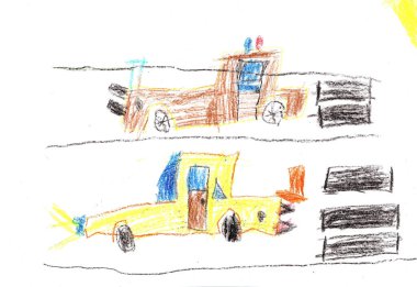 Çocuk çizim araba. Araba ile seyahat. Kağıt üzerine çizim kalem