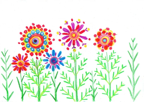 Child\'s drawing of beautiful flowers in nature. Pencil art in childish style