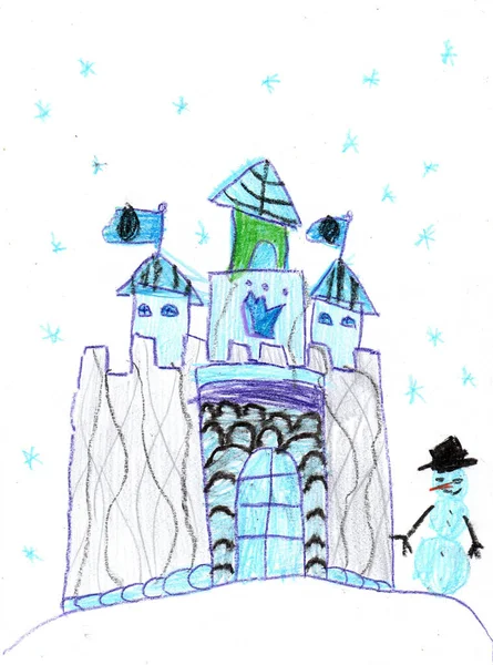Child\'s drawing of fairy kingdom. Pencil art in childish style