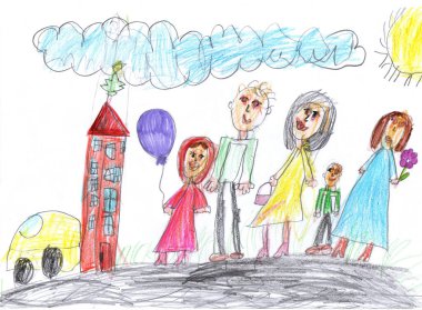 Dışarıda yürürken mutlu bir ailenin çocuk çizimi. Çocukça bir kalem sanatı