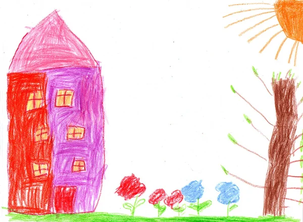 田舎の家の子供の絵 幼少期のペンシルアート — ストック写真