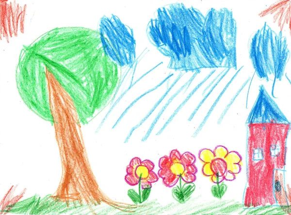 乡村房屋的儿童绘画 幼稚风格的铅笔艺术 — 图库照片