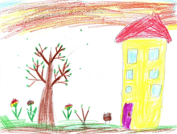 Gyerek Rajz Egy Vidéki Házról Ceruza Művészet Gyerekes Stílusban — Stock Fotó
