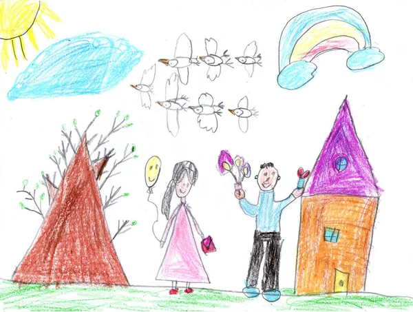 Gyermek Rajz Egy Boldog Családról Szabadban Ceruza Művészet Gyerekes Stílusban — Stock Fotó