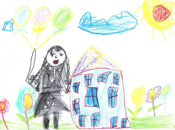 Gyermek Rajz Egy Boldog Lányról Szabadban Ceruza Művészet Gyerekes Stílusban — Stock Fotó