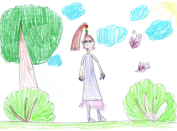 Ребенок Рисует Счастливую Девушку Прогулке Карандашное Искусство Детском Стиле — стоковое фото