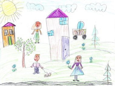 Çocuk binalar ve arabalar çiziyor. Yürüyüşe çıkmış mutlu bir aile. Şehirdeki insanların hayatları. Çocukça bir kalem sanatı