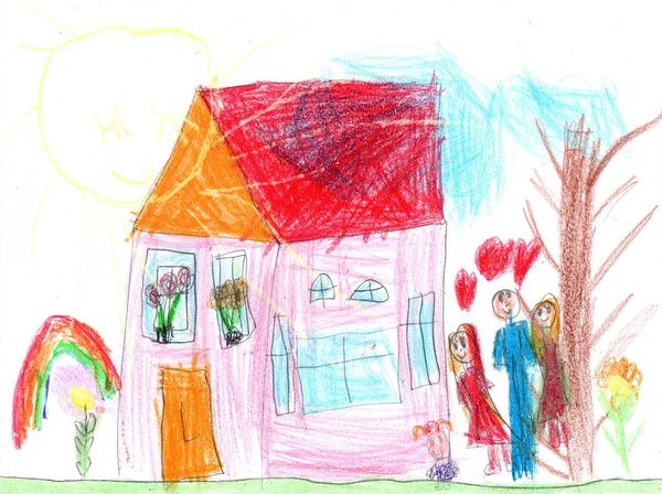 Παιδική Ζωγραφιά Μιας Ευτυχισμένης Οικογένειας Μια Βόλτα Στην Ύπαιθρο Μολύβι — Φωτογραφία Αρχείου