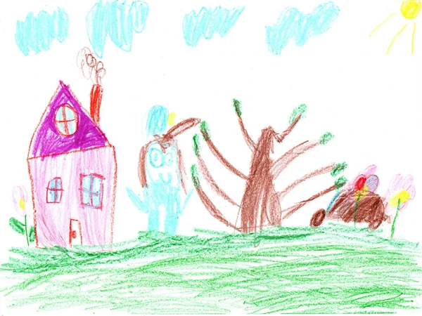 Niños Dibujando Edificios Coches Familia Feliz Paseo Aire Libre Vidas — Foto de Stock