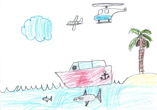Ребёнок Рисует Корабль Море Карандашное Искусство Детском Стиле — стоковое фото