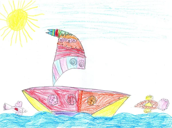 孩子们在海上画的船幼稚风格的铅笔艺术 — 图库照片