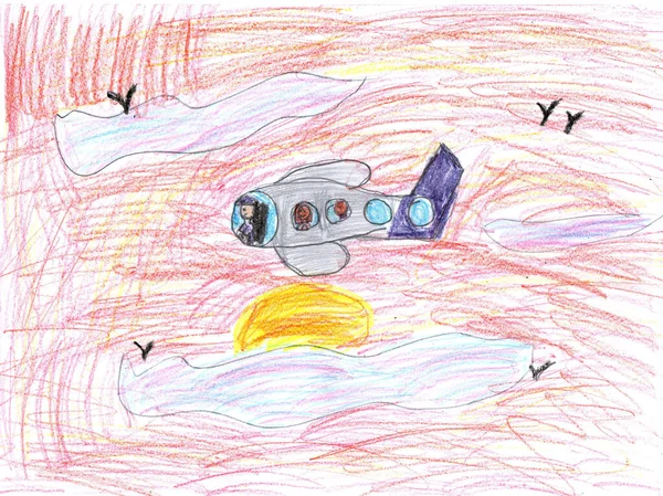 Dzieci Rysują Wojskowy Samolot Ołówek Artystyczny Stylu Dziecięcym — Zdjęcie stockowe
