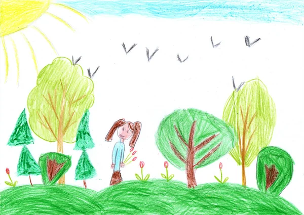Παιδική Ζωγραφιά Ενός Ευτυχισμένου Κοριτσιού Μια Βόλτα Στην Ύπαιθρο Μολύβι — Φωτογραφία Αρχείου