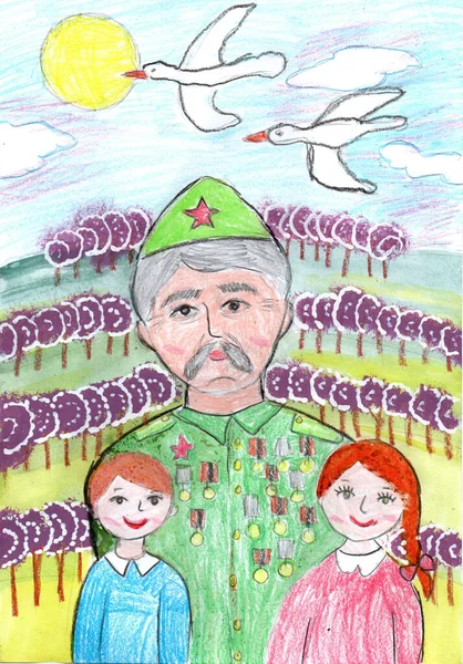 Desenho Crianças Veterano Guerra Com Crianças Veterano Fala Sobre Guerra — Fotografia de Stock