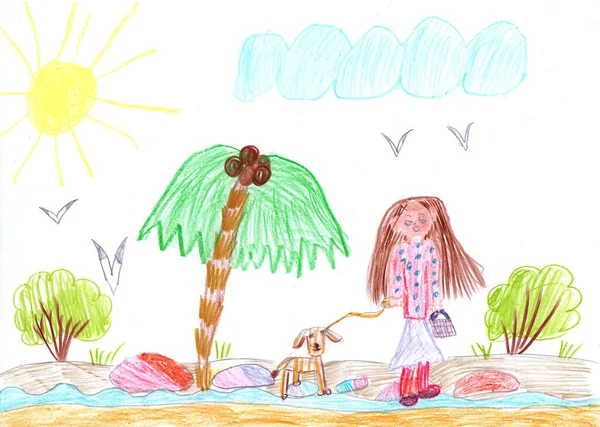 Παιδί Ζωγραφίζει Ένα Χαρούμενο Κορίτσι Περπατάει Ένα Σκύλο Στην Όχθη — Φωτογραφία Αρχείου