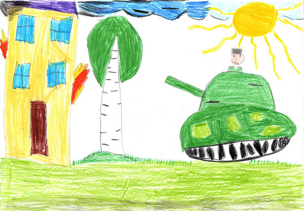Children drawing of the war.  Battlefield, explosions, destruction, helicopters, tanks. World peace. No war. Pencil art in childish style