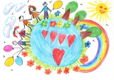 Dünyanın her yerinde el ele tutuşan çok kültürlü çocukların çizimleri. Mutlu Çocuk Günleri. Dünya barışı. Savaş yok. Çocukça bir kalem sanatı