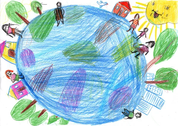 Child drawing of multicultural children holding hands around the world. Happy Children\'s Day. World peace. No war. Pencil art in childish style