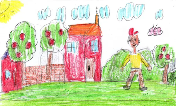 Child drawing of a cheerful child in an apple orchard on a farm. Village scene. Pencil art in childish style