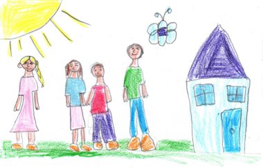 Dışarıda yürürken mutlu bir ailenin çocuk çizimi. Çocukça bir kalem sanatı