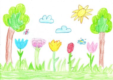 Çocuk kelebek ve çiçek çiziyor. Çocukça bir kalem sanatı