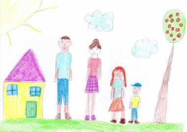 Dışarıda yürürken mutlu bir ailenin çocuk çizimi. Çocukça bir kalem sanatı