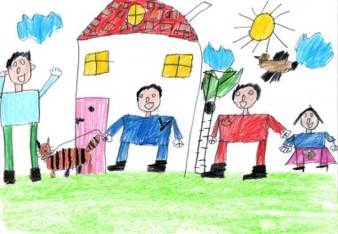 Dışarıda yürürken mutlu bir ailenin çocuk çizimi. Çocukça bir kalem sanatı