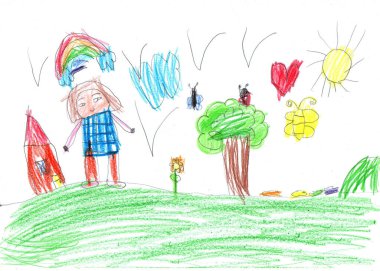 Dışarıda yürüyen mutlu bir kızın çocuk çizimi. Çocukça bir kalem sanatı