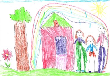 Dışarıda yürürken mutlu bir ailenin çocuk çizimi. Çocukça bir kalem sanatı