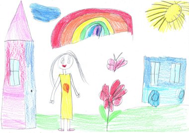 Çocuk binalar ve arabalar çiziyor. Yürüyüşe çıkmış mutlu bir aile. Şehirdeki insanların hayatları. Çocukça bir kalem sanatı