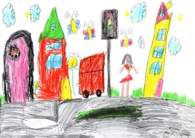 Çocuk binalar ve arabalar çiziyor. Yürüyüşe çıkmış mutlu bir aile. Şehirdeki insanların hayatları. Çocukça bir kalem sanatı