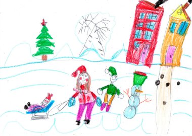 Çocuk çizimi. Çocuklar Noel ağacının dışında karla oynarlar. Tatil, tatil, yeni yıl, Noel. Çocuklar kışın kızak kayıyor. Çocukça bir kalem sanatı.
