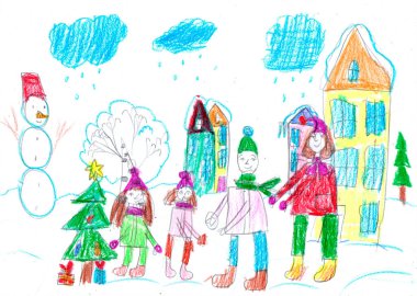 Çocuk çizimi. Çocuklar Noel ağacının dışında karla oynarlar. Tatil, tatil, yeni yıl, Noel. Çocukça bir kalem sanatı