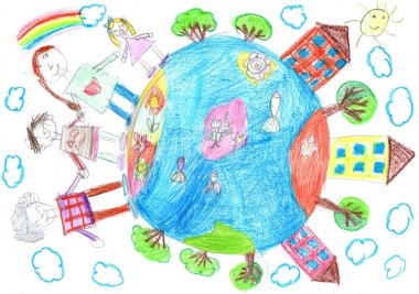 Dünyanın her yerinde el ele tutuşan çok kültürlü çocukların çizimleri. Mutlu Çocuk Günleri. Dünya barışı. Savaş yok. Çocukça bir kalem sanatı