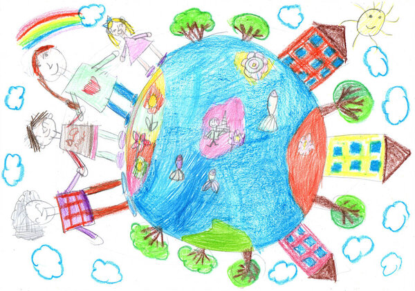 Детский рисунок мультикультурных детей, держащихся за руки по всему миру. С Днем защиты детей. Мир во всем мире. Никакой войны. Карандашное искусство в детском стиле