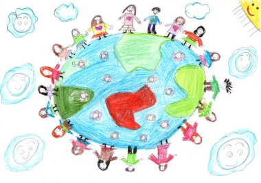 Dünyanın her yerinde el ele tutuşan çok kültürlü çocukların çizimleri. Mutlu Çocuk Günleri. Dünya barışı. Savaş yok. Çocukça bir kalem sanatı