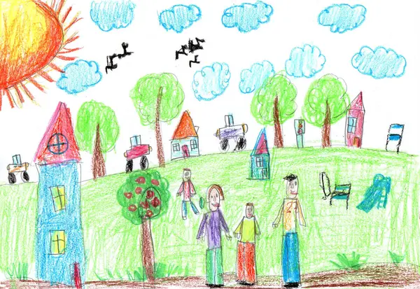 Çocuk binalar ve arabalar çiziyor. Yürüyüşe çıkmış mutlu bir aile. Şehirdeki insanların hayatları. Çocukça bir kalem sanatı