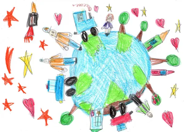 Dünyanın her yerinde el ele tutuşan çok kültürlü çocukların çizimleri. Mutlu Çocuk Günleri. Dünya barışı. Savaş yok. Çocukça bir kalem sanatı