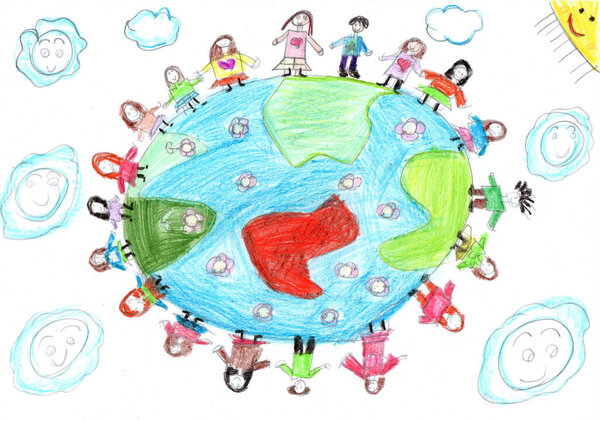 Детский рисунок мультикультурных детей, держащихся за руки по всему миру. С Днем защиты детей. Мир во всем мире. Никакой войны. Карандашное искусство в детском стиле